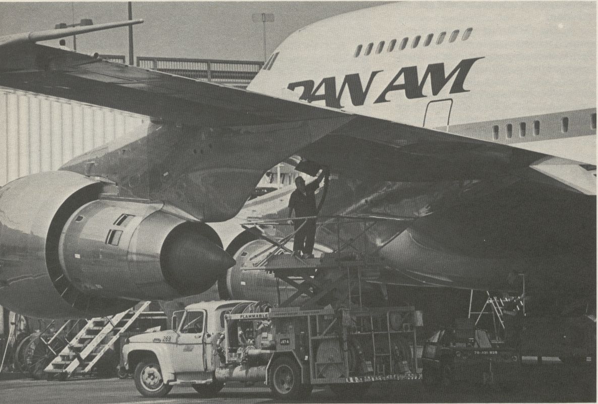 1981 A Pan Am 747SP is fueled.